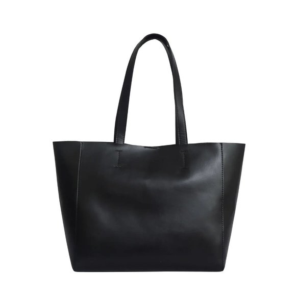 NWT Black Genuine Leather lined Designer Tote Bag - Picture 2 of 11